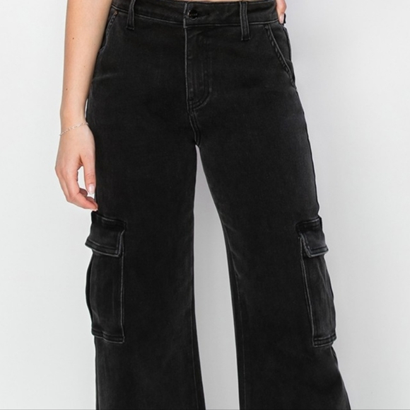 RISEN Cargo High-Rise Waist Boyfriend Denim Relaxed Wide Leg Utility Jean Pants - Picture 10 of 14